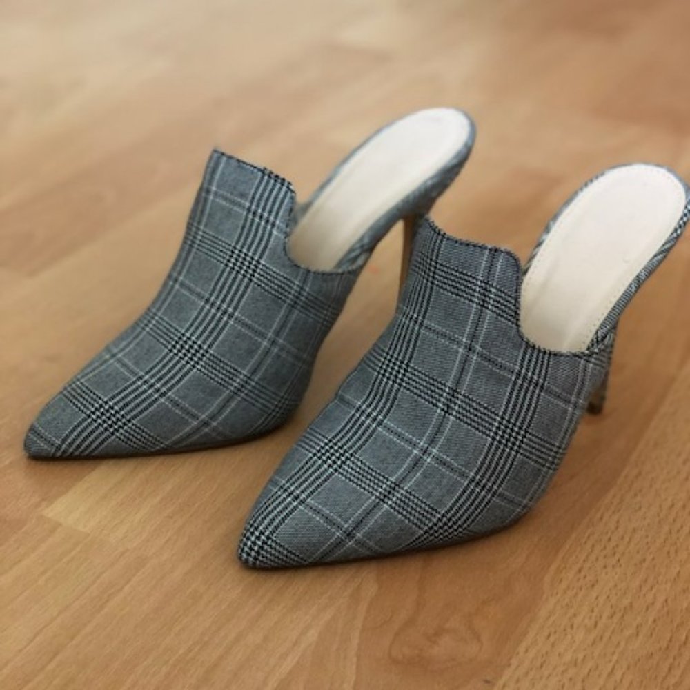 8M Black & White Glen Plaid Print Mule Slides Stiletto Pumps Heels